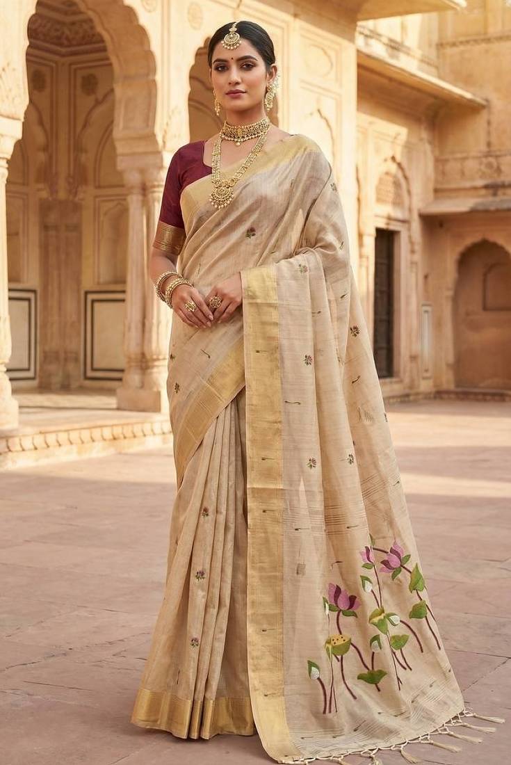 Cream muga cotton meenakari & munia weaving pallu saree with contrast blouse