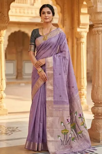 lavender muga cotton saree with meenakari & munia weaving pallu