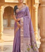 lavender muga cotton saree with meenakari & munia weaving pallu