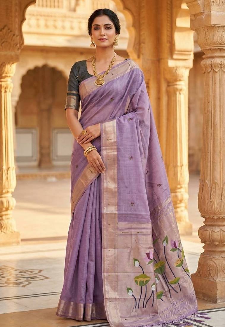 Lavender muga cotton meenakari & munia weaving pallu saree with contrast blouse