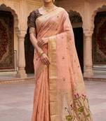 peach muga cotton saree with meenakari & munia weaving pallu