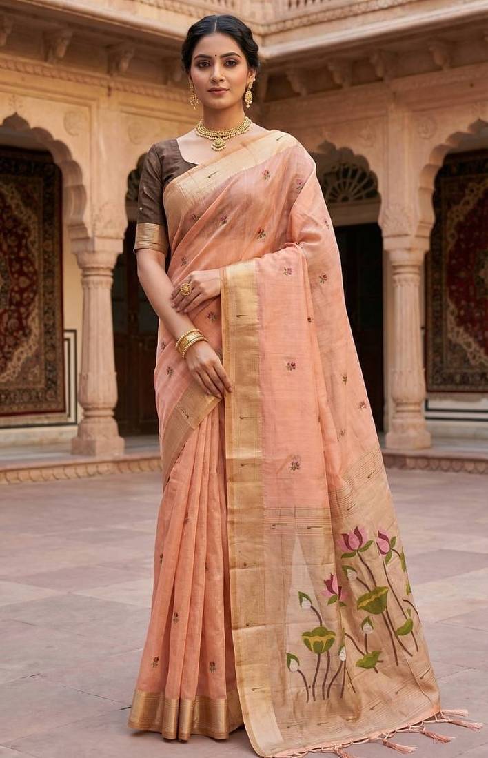 Peach muga cotton meenakari & munia weaving pallu saree with contrast blouse