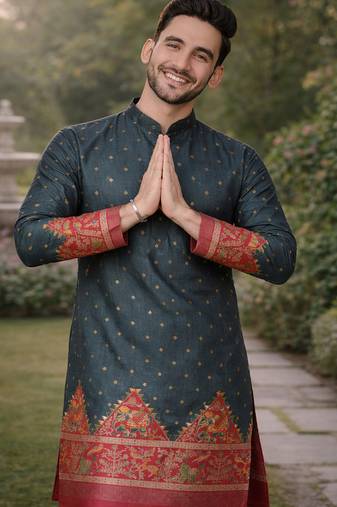 grey color patola print dola silk kurta pajama set