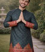 grey color patola print dola silk kurta pajama set