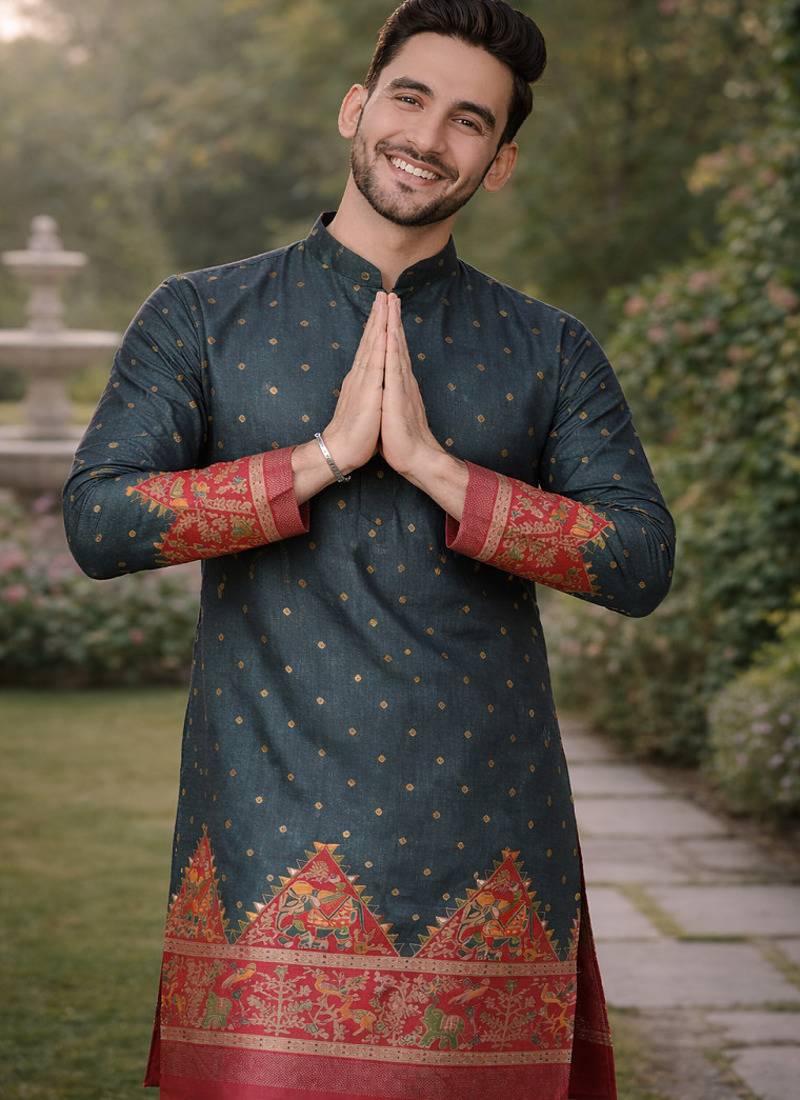 grey color patola print dola silk kurta pajama set