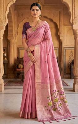 pink muga cotton saree with meenakari & munia weaving pallu 1
