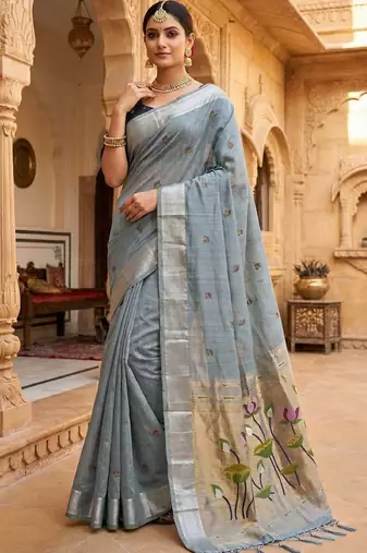 sky blue muga cotton saree with meenakari & munia weaving pallu