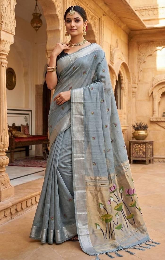 Sky blue muga cotton meenakari & munia weaving pallu saree with contrast blouse