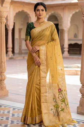 Yellow muga cotton meenakari & munia weaving pallu saree with contrast blouse