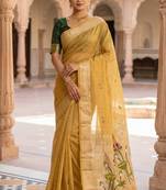 yellow muga cotton saree with meenakari & munia weaving pallu