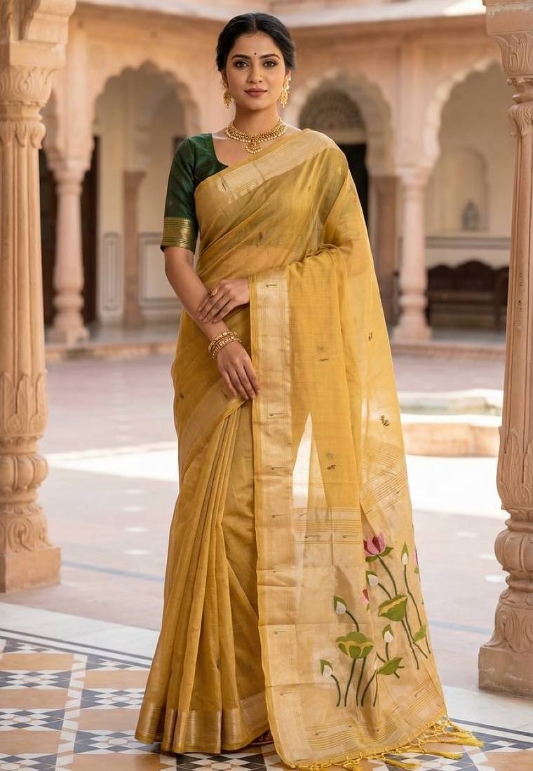 Yellow muga cotton meenakari & munia weaving pallu saree with contrast blouse