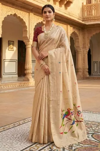 cream muga cotton meenakari munia weaving pallu saree