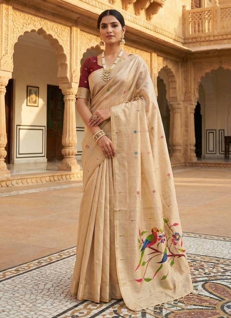 Cream muga cotton meenakari & munia weaving pallu saree with contrast blouse