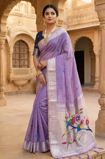 lavender muga cotton meenakari munia weaving pallu saree