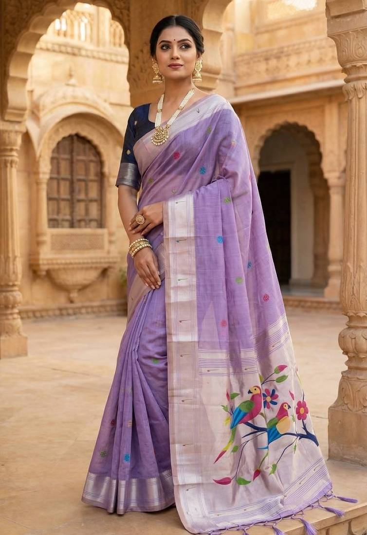 Lavender muga cotton meenakari & munia weaving pallu saree with contrast blouse