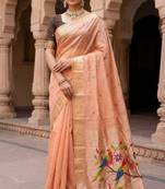 peach muga cotton meenakari munia weaving pallu saree