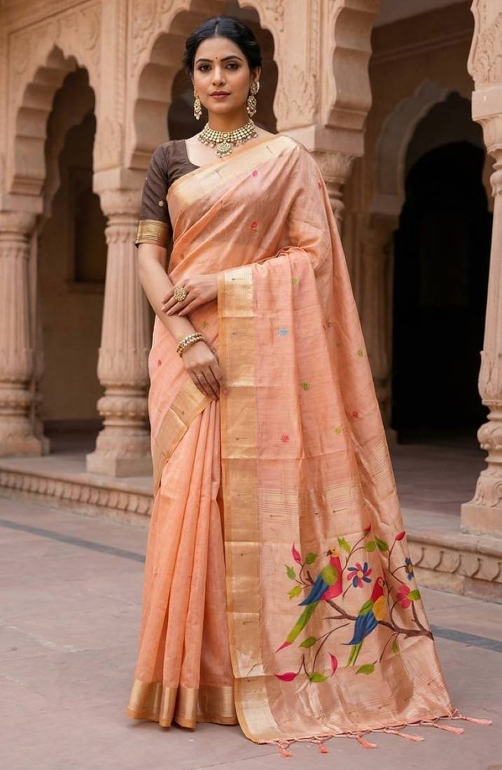 Peach muga cotton meenakari & munia weaving pallu saree with contrast blouse