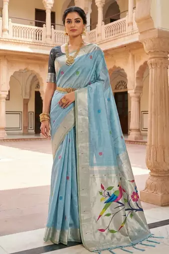 sky blue muga cotton meenakari munia weaving pallu saree
