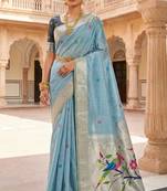 sky blue muga cotton meenakari munia weaving pallu saree