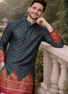 grey color patola print dola silk kurta pajama set 2