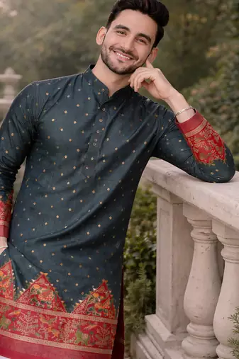 grey color patola print dola silk kurta pajama set