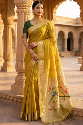 yellow muga cotton meenakari munia weaving pallu saree