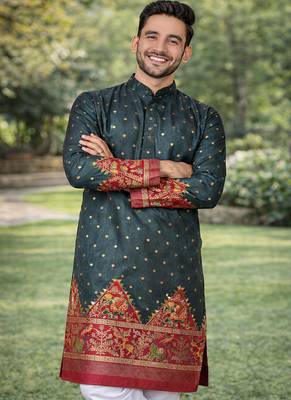 grey color patola print dola silk kurta pajama set 3