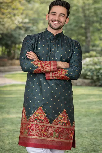 grey color patola print dola silk kurta pajama set