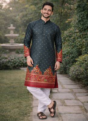 grey color patola print dola silk kurta pajama set 4