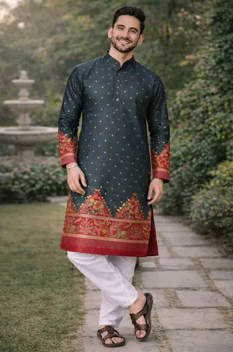 grey color patola print dola silk kurta pajama set