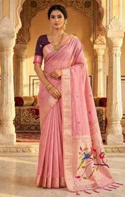 Pink muga cotton meenakari & munia weaving pallu saree with contrast blouse 2