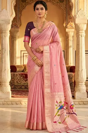 Pink muga cotton meenakari & munia weaving pallu saree with contrast blouse
