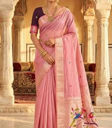 Pink muga cotton meenakari & munia weaving pallu saree with contrast blouse