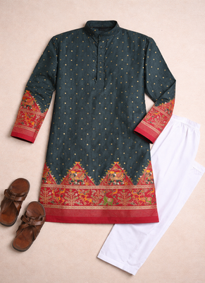 grey color patola print dola silk kurta pajama set 5