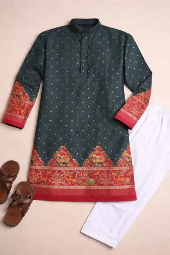 grey color patola print dola silk kurta pajama set