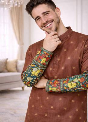 brown color patola print dola silk kurta pajama set 1