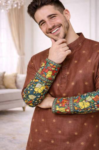 brown color patola print dola silk kurta pajama set