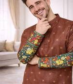 brown color patola print dola silk kurta pajama set