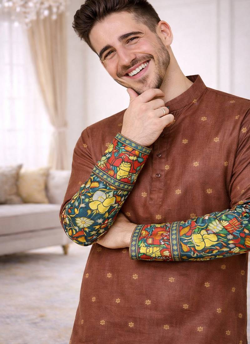 brown color patola print dola silk kurta pajama set