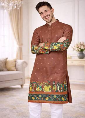 brown color patola print dola silk kurta pajama set 2