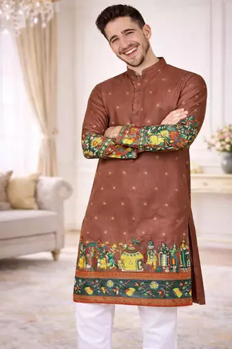 brown color patola print dola silk kurta pajama set
