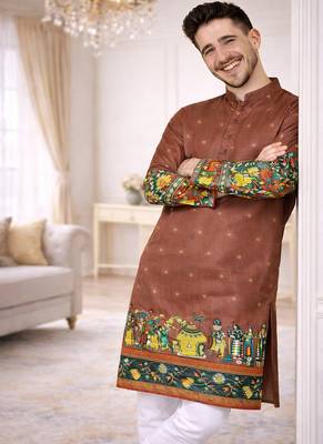 brown color patola print dola silk kurta pajama set 3