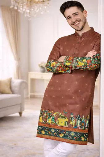 brown color patola print dola silk kurta pajama set