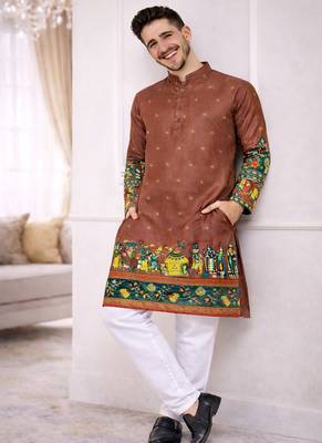 brown color patola print dola silk kurta pajama set 4