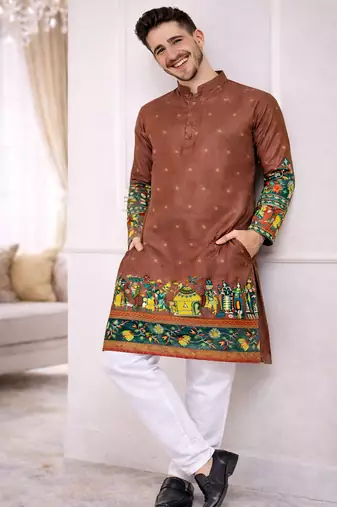 brown color patola print dola silk kurta pajama set