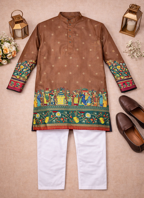brown color patola print dola silk kurta pajama set 5