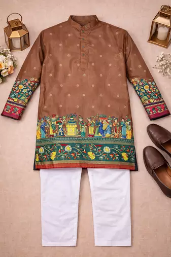 brown color patola print dola silk kurta pajama set