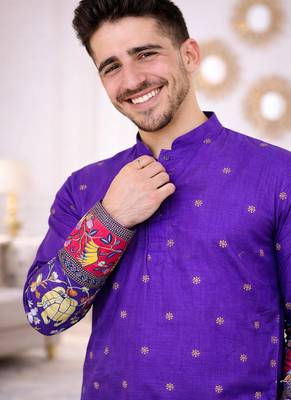 purple color patola print dola silk kurta pajama set 1