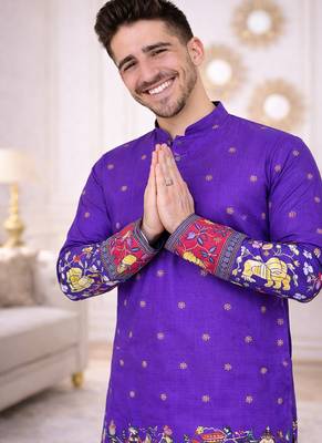 purple color patola print dola silk kurta pajama set 2