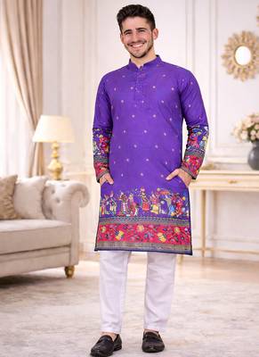 purple color patola print dola silk kurta pajama set 3
